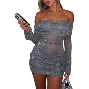 Women Mesh Sheer Off Shoulder Bodycon Mini Dress Ruched Sparkly Night